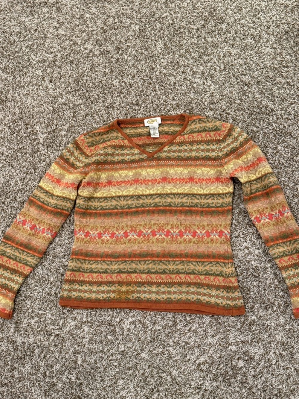 Talbots V-Neck Fair Isle Stripe Sweater in Rust, Olive, Cream